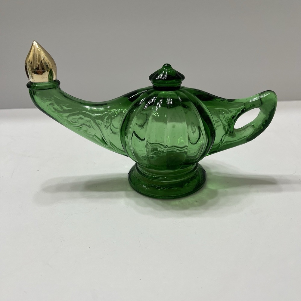 Vintage Avon Aladdin's Lamp Glass Emerald Gold Tone Cap Green 8" Empty
